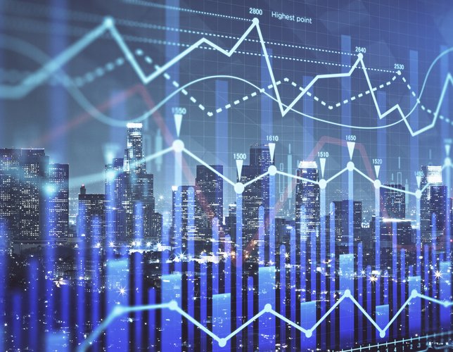 Forex chart on cityscape with tall buildings background multi exposure.
