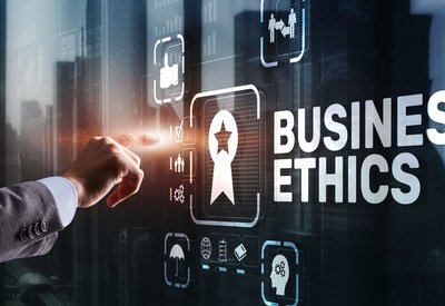 Business ethics Behavior and manners concept. Businessman pressing button on virtual screen.