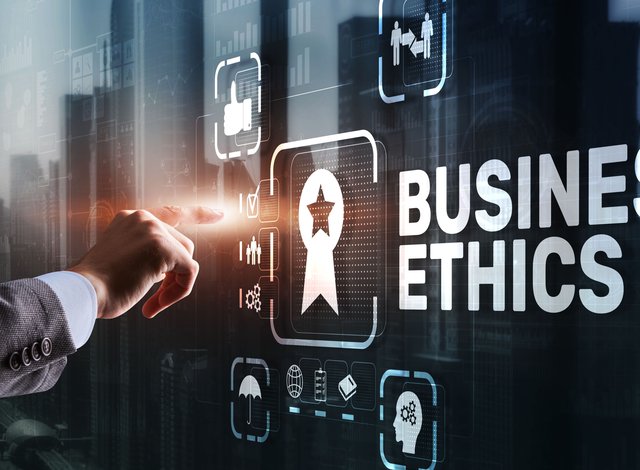 Business ethics Behavior and manners concept. Businessman pressing button on virtual screen.