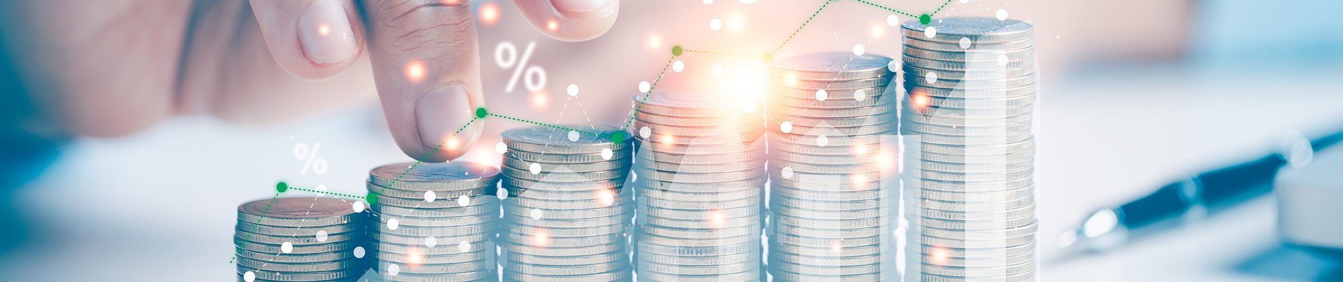 Two hand giving heap of coins money a sparkle with an arrow up